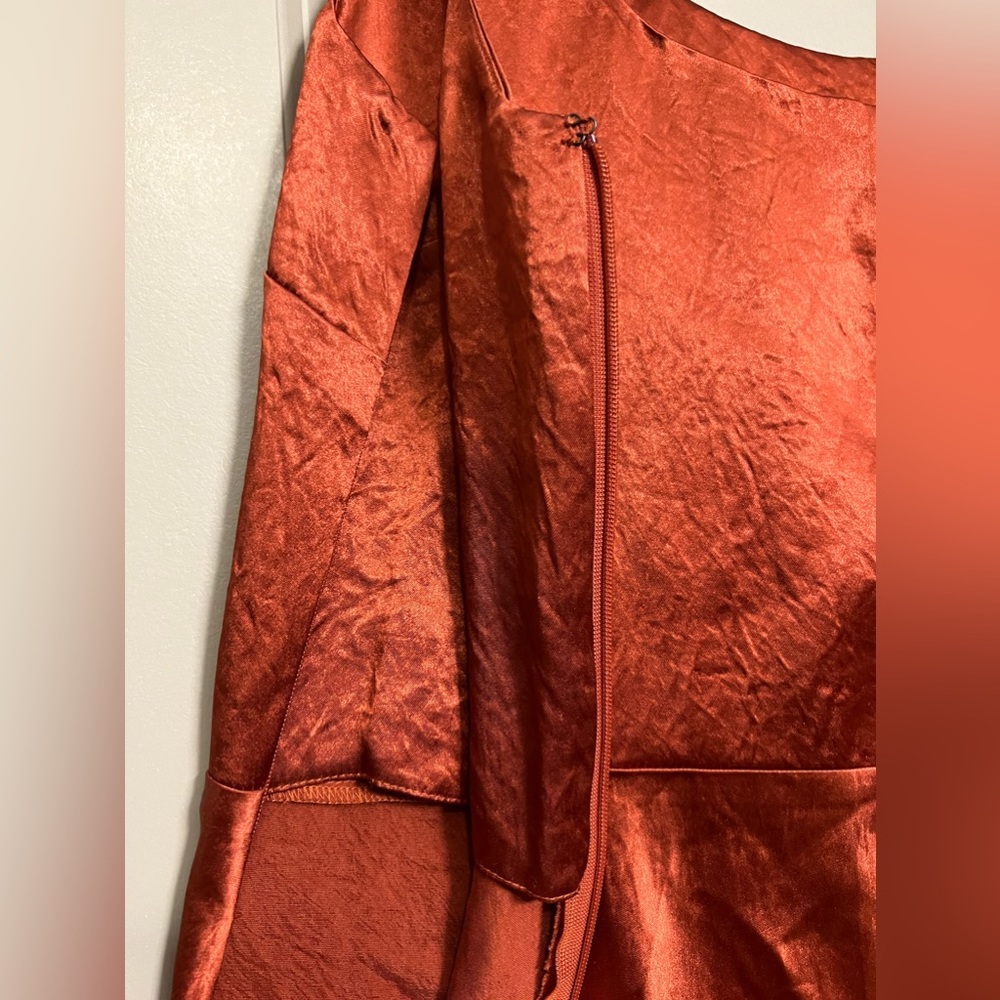 VINCE Fitted Satin Slip Midi Dress in Sangre - Picture 8 of 10
